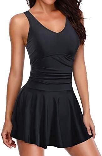 Yonique One Piece Swimsuits for Women Modest Tummy Control Swimdress Vintage Bathing Suits Skirt Swimwear
 XL