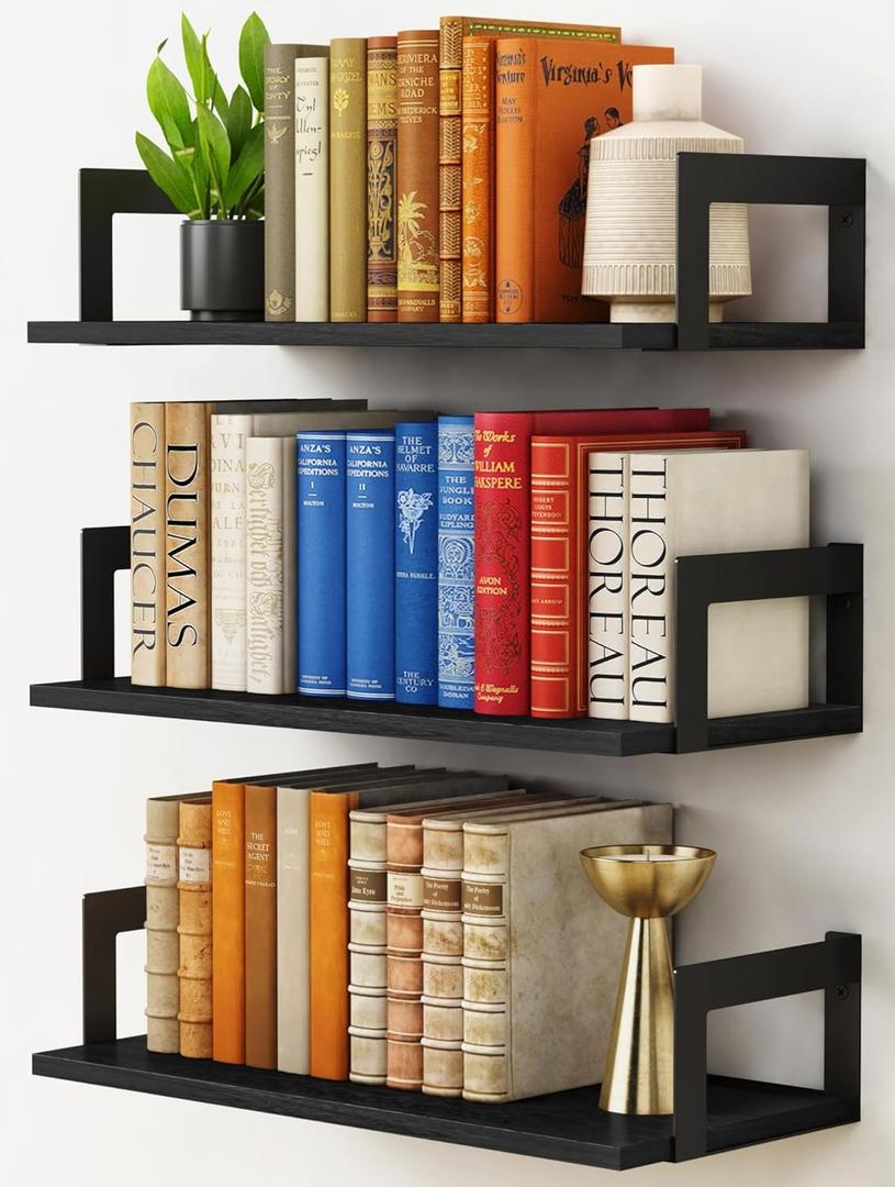 Wall Mounted Bookshelf, Floating Bookshelves for Bedroom, 17 Inches Long Wall Mount Book Shelves for Living Room Office Books, Black Wall Book Holder Bookcase (Set of 3)