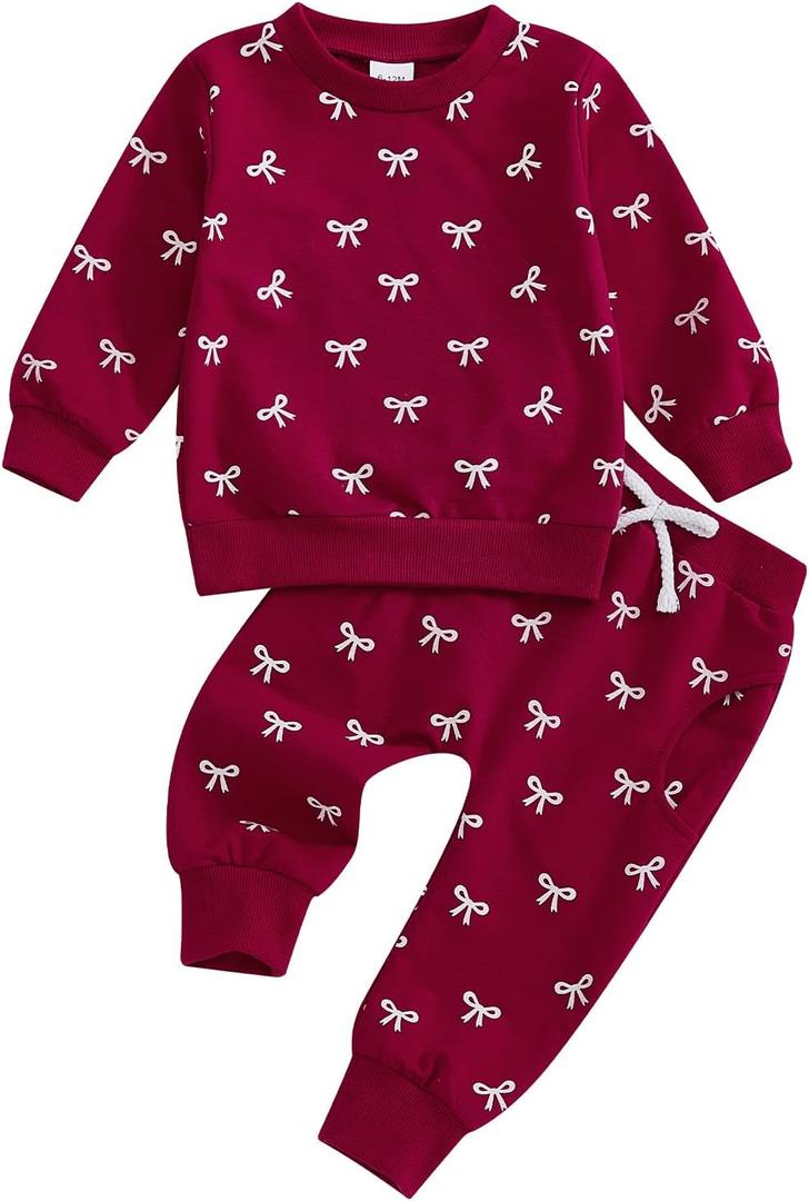Afunbaby Spring Baby Girl Clothes Toddler Girl Outfit Crewneck Sweatshirt Long Sleeve Shirt Pants Winter Clothing Set (Red)