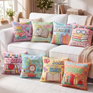 8 Pcs Checkerboard Reading Throw Pillow Cover Pastel Classroom Pillow Cover