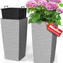 Mueller M-Resin Heavy Duty Tall Planters for Outdoor Plants, Indoor Grande Plant Pots, Boxes, Trees, Flower Pots, 2-Piece Set, 24, Modern Design, Built-in Drainage, Front Porch Decor, Light Gray (24 x 11.5", Light Grey)
