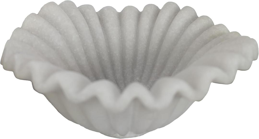 Small Decorative Bowl decor, Scalloped Pedestal Bowls for Modern Home Decor, Ruffle Decor, Stylish Key Bowl for Entry Table, Decorative Fruit Bowl for Kitchen Counter, Artificial Stone Milky White