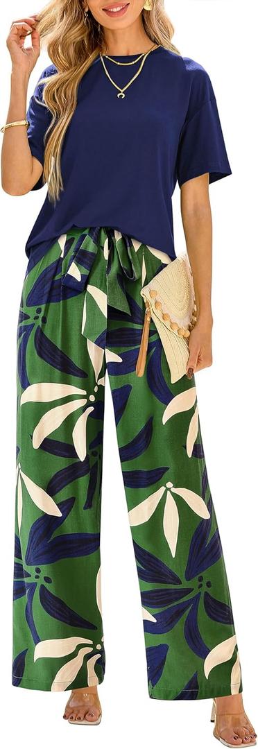 PRETTYGARDEN Women Summer 2 Piece Outfits 2026 Short Sleeve Knit Top Floral Print Belted Wide Leg Pant Sets With Pockets (Blue, XL)