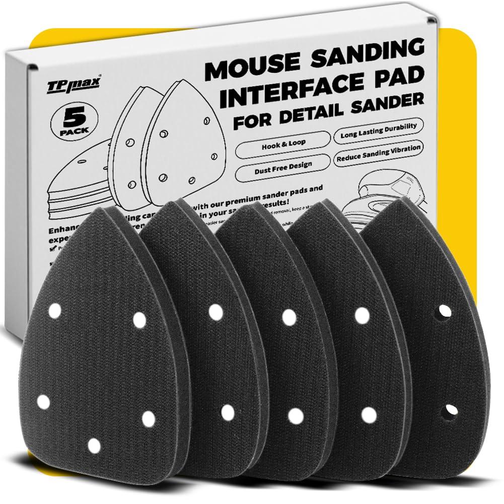 5 Pack Mouse Detail Sanding Interface Pads, Hook and Loop - Mouse Soft Density Sponge Cushion Buffer Backing Pads with 5-Hole Foam Interface Pads for Detail Sander Woodworking