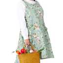 VIKIDEER Comfortable Huge Plus Size Aprons for Women Adjustable Cross Back Floral Cotton Linen Aprons Rose with Green Background