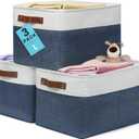 OrganiHaus Large Fabric Storage Baskets for Shelves 3 Pack, 15x11in Closet Storage Bins for Shelves, Canvas Baskets for Organizing, Linen Closet Organizers, Cloth Basket, Navy Blue/Off-White