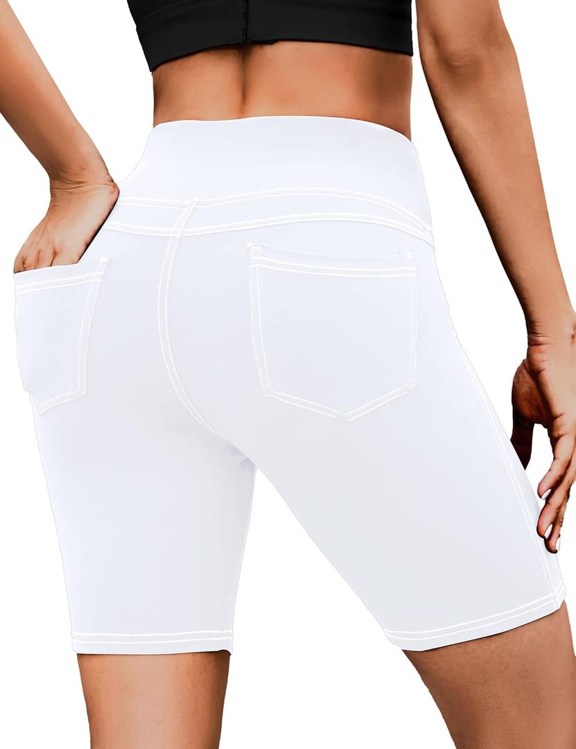VOOVEEYA 5"/8" High Waisted Yoga Biker Shorts with Pockets for Women - Butt Lifting Workout Spandex Booty Gym Shorts (White, L)