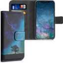 kwmobile Wallet Case Compatible with Apple iPhone 15 Pro Case for Phone - Cosmic Nature Blue/Grey/Black