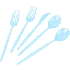 LIYH 150 Pcs Baby Blue Plastic Cutlery Sets - Light Blue Plastic Silverware Heavyduty, Disposable Utensil Sets, 50 of Each Forks, Knives & Spoons Flatware Set for Party Birthday