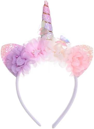 Roffiy Unicorn Horn Floral Headband Glitter Flower Butterfly Unicorn Ears Pony Hairband – Magical Blossom Hair Accessory for Women Cosplay & Birthday Party Halloween