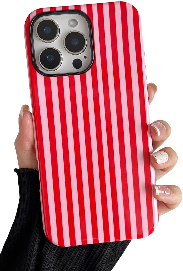 Longlayss Compatible with iPhone 16 Pro Case Cute Aesthetic Striped Phone Case for Women Girl Shockproof Slim TPU and Hard PC Protective Cover (Pink and Red)