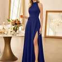 Zeflows Womens Halter A-line Side Slit Sleeveless Maxi Dress Evening Gown Elegant Cocktail Party Wedding Guest Dress, Navy-L (Blue, L)