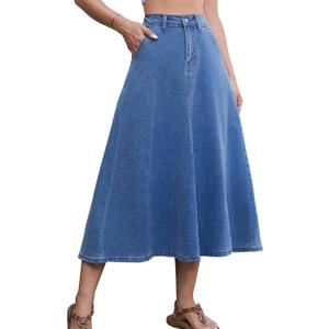 HUSKARY Women's Stretchy High Wasited A Line Long Maxi Jean Skirt Below Knee Length Flared Midi Denim Skirts with Pockets (Medium, Retro Light Blue)