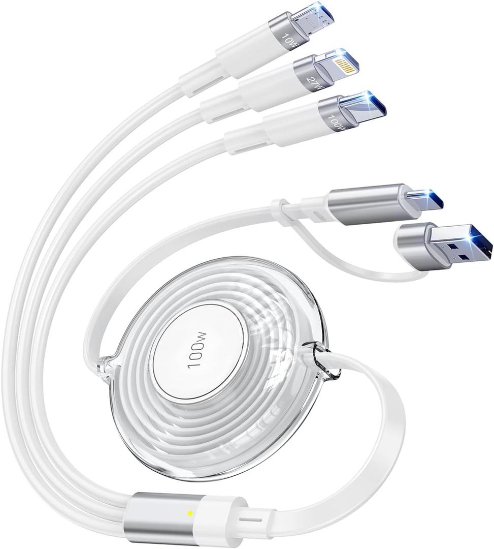 100W Multi USB Charging Cable, 6-in-1 Retractable USB C/Lightning/Micro Multi Charger Cords for iPhones, iPads, MacBook, Tablets, Galaxy, Note & More - 4Ft/1.2M 5A Fast Charging, Portable, White