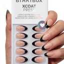 BTArtbox Press On Nails Short - Dot Couture, Lamp-Curable Almond Black French Tip Press On Nails with Glue and Adhesive Tabs for Women, Soft Gel Glue On Nails in 16 Sizes - 32 Stick On Nails Kit