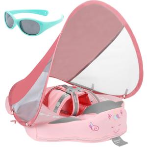Mambobaby Float with Canopy and Tail New Upgraded Non-Inflatable Baby Pool Float Mambo Float Swim Trainer Solid Infant Swim Float Adjustable Pearl Foam Baby Swim Ring (Cloth Unicorn Pink)