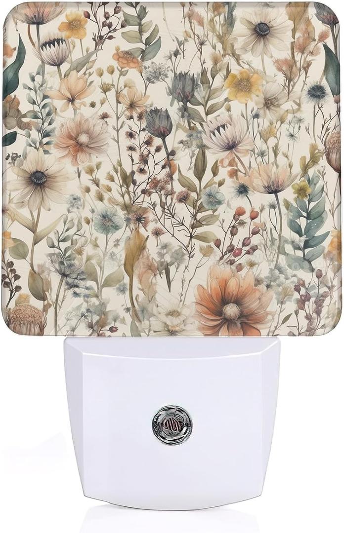 Boho Watercolor Floral Night Light, Dusk to Dawn Sensor Night Lights for Bedroom Bathroom Kitchen Hallway Stairs Hallway, Plug into Wall Nightlights