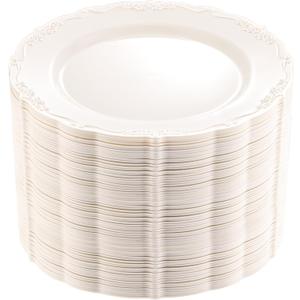 DaYammi 60PCS Ivory Plastic Plates, Fancy Plastic Plates Disposable Heavy Duty Disposable Plates Premium 10inch Ivory Dinner Platos Hard Plastic Platos Disposable for Party Wedding Bridal Shower