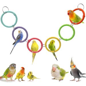6-Ring Bird Swing Toy for Cage, Colorful Cotton Rope Perch for Parrots Soft Grip, DIY Adjustable Hanging Parakeet Toys, Interactive Multi-Bird Swing and Climb for Budgies, Lovebirds, Cockatiels