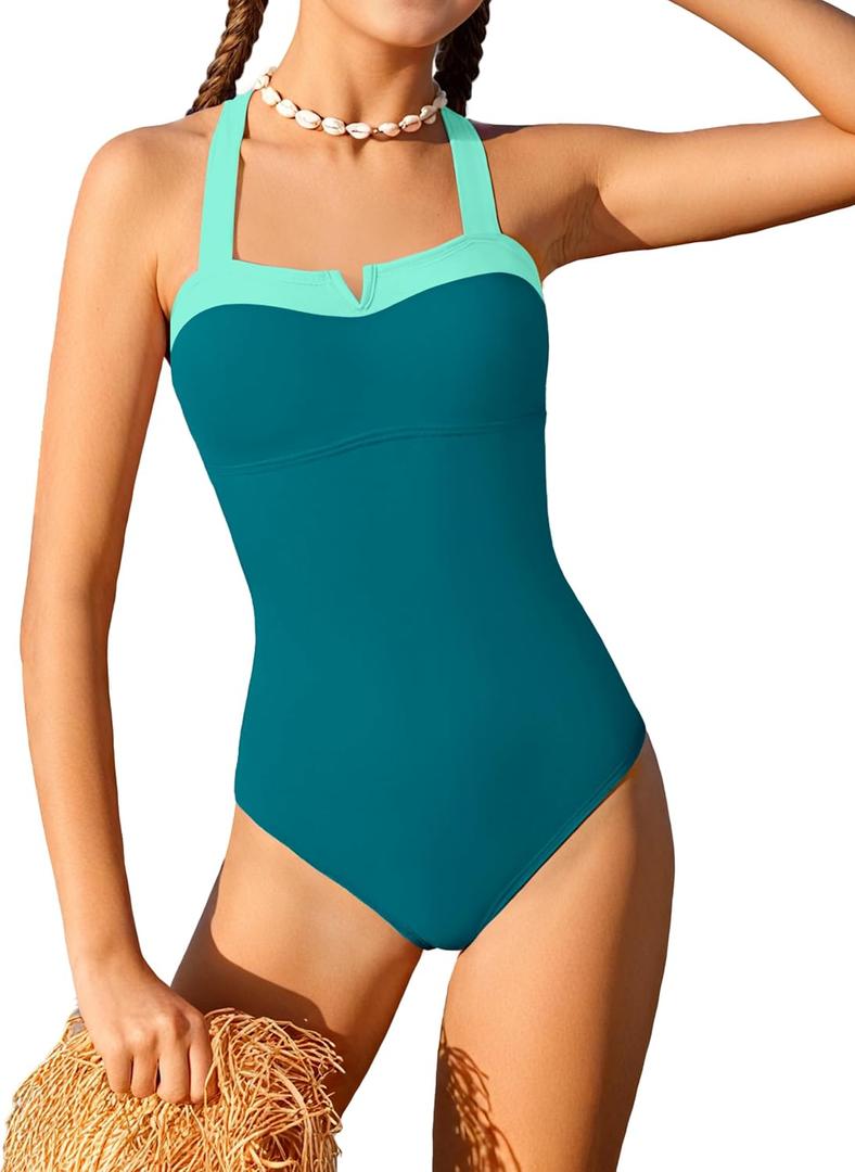 Shallmu Girls One Piece Swimsuits Color Block Dual Crossback Straps with Cover Up Skirt Girl's Swimwear 13-14Y
