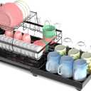 Kitchen Countertop Drying Rackwith Drainer Board Multifunctional 2-Tier Organizer, Utensil Rack and Cup Holder, Removable Design for Kitchen Countertops (Powder Coated Black)