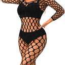 ChiaoLezhee Exotic Fishnet Bodystocking, Rave Glow Outfits, One Size, Sheer Mesh Dancewear Sexy Jumpsuit Plus Wear Dancer (Black)