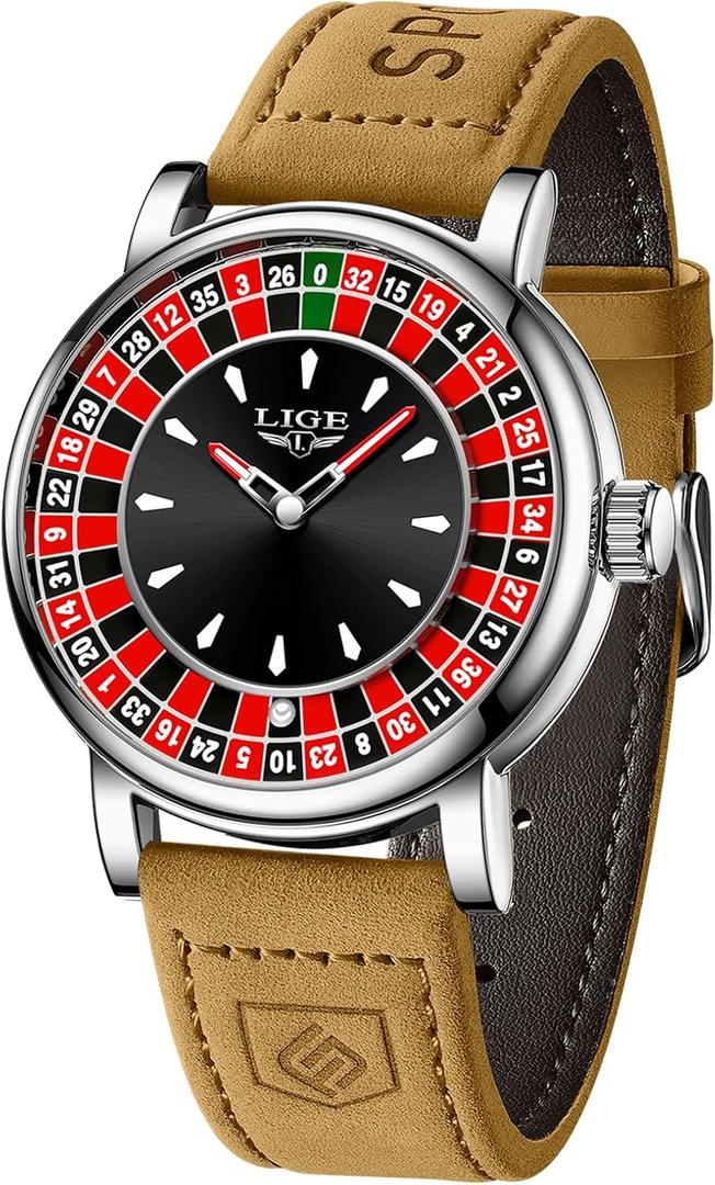 Mens Watches,Unique Roulette Style Quartz Analog Watch,45MM Big Face Alloy Waterproof Glowing Watch for Men,Exquisite and Durable Leather Strap,Casual Fashionable Men's Wrist Watches
