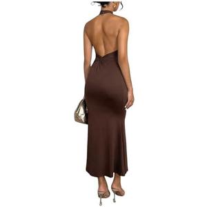GORGLITTER Women's Open Backless Wedding Guest Dress Ruch Sleeveless Ribbed Bodycon Halter Maxi Dresses, S