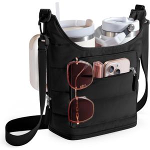 Water Bottle Holder with Strap for 2 Cups, Water Bottle Sling Bag with Phone Pocket, Tumbler Carrier Bag for Walking, Hiking, Camping
