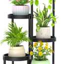 iDavosic.ly 5 Tier Folding Plant Stand Indoor Outdoor with Plastic Tray, Tiered Corner Flower Holder Shelf, Metal Orchid Display Rack for Patio Porch Living Room Garden Balcony, Modern Black