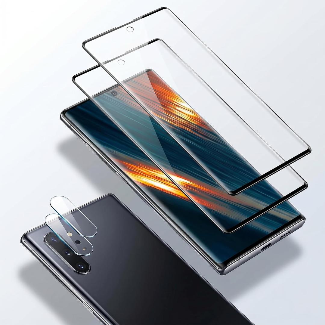 2 Pack Galaxy Note 10 Plus Screen Protector, HD Clear Tempered Glass,2 Pack Camera Lens Protector, Fingerprint Unlock,3D Curved Full Coverage,Scratch Resistant,No Bubble For Galaxy Note 10 Plus