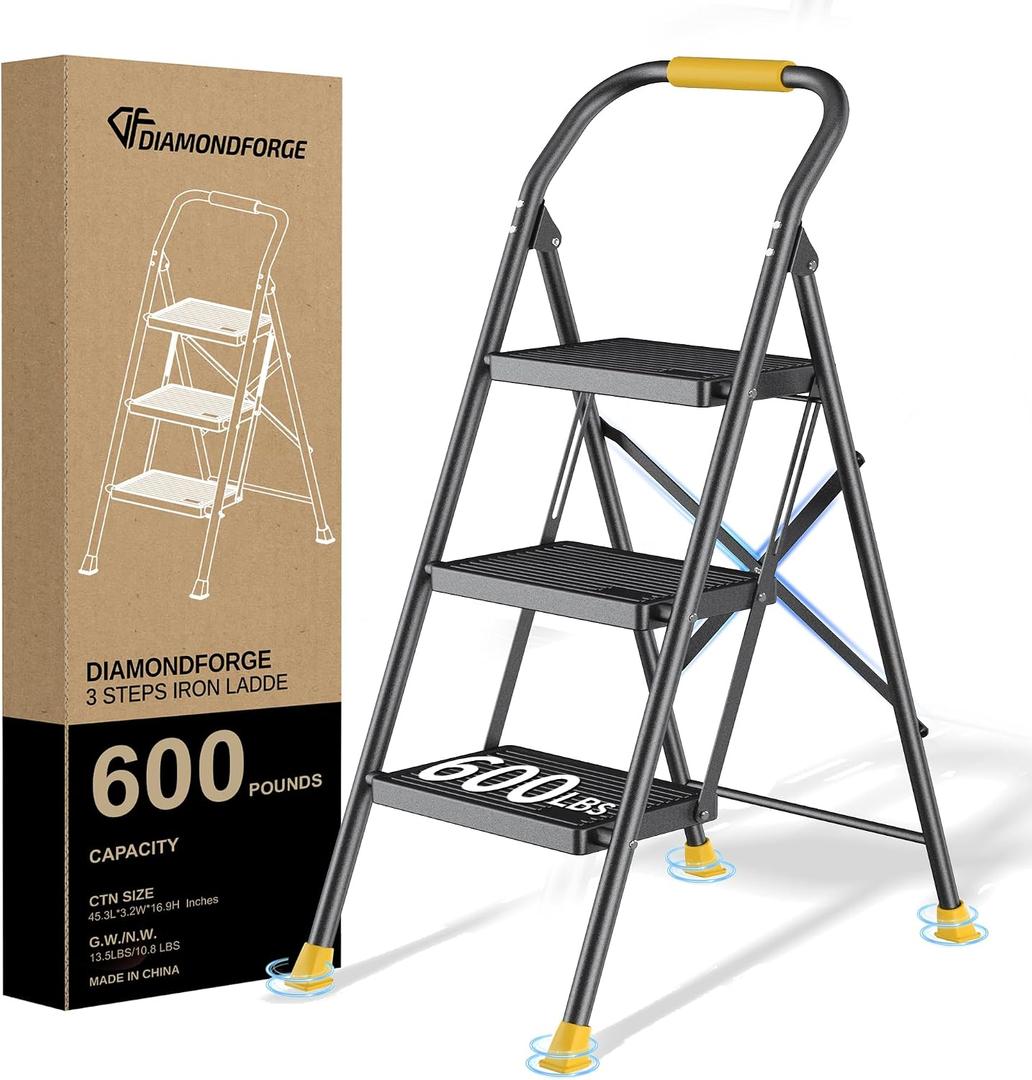 Step Ladder Foldable Folding Stool - for Home Adults Kitchen 3 Stepping Extension Tall Heavy Duty with Handrails - Closet Stepstool Stair Ladders Extendable Stepladder for Indoor House 600Lbs