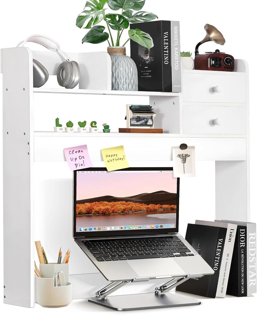 YGYQZ Wood Desk Shelf Organizer, Desk Hutch Top Only, Book Shelf for Comuputer Display Rack Storage Stand for Office, Home, Dorm (White)