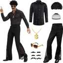 6 Pcs 70s Disco Outfit Costume for Men Dance Bell Bottom Pants Retro Shirts Moustache Sunglasses Wigs Necklace (Medium, Black)