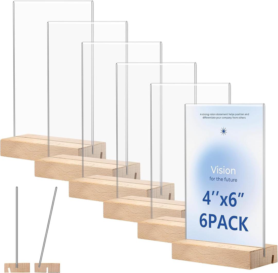 Acrylic Sign Holder 4 x 6 with Wooden Base - 6 Pack L/T Shape 2 in 1 Table Sign Stand Vertical or Slant Back Display, Photo Picture Frame, Menu Holder for Restaurant, Office, Store, Wedding