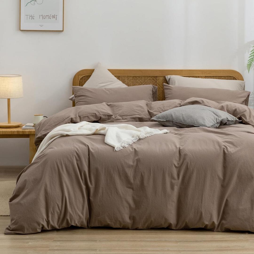 BESTOUCH Duvet Cover Set 100% Washed Cotton Linen Feel Super Soft Comfortable Chic Lightweight 3 PCs Home Bedding Set Solid Pine Bark Brown Queen (Queen (90" x 90"))