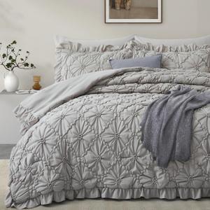 BEDAZZLED Queen Size Comforter Sets,Grey Bedding Comforter Set, 3 Pieces Pinch Pleat Bedding Sets with Comforter and Pillowcases Soft Farmhouse Shabby Chic Comforter for All Season (Queen(90*88))