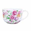 LanHong 25 Ounce Bone China Soup Bowls with Handles Large Soup Mug for Coffee Cereal Oatmeal Latte Flora Soup Bowl Bone China Soup Cup Microwave Safe (Pink Floral)