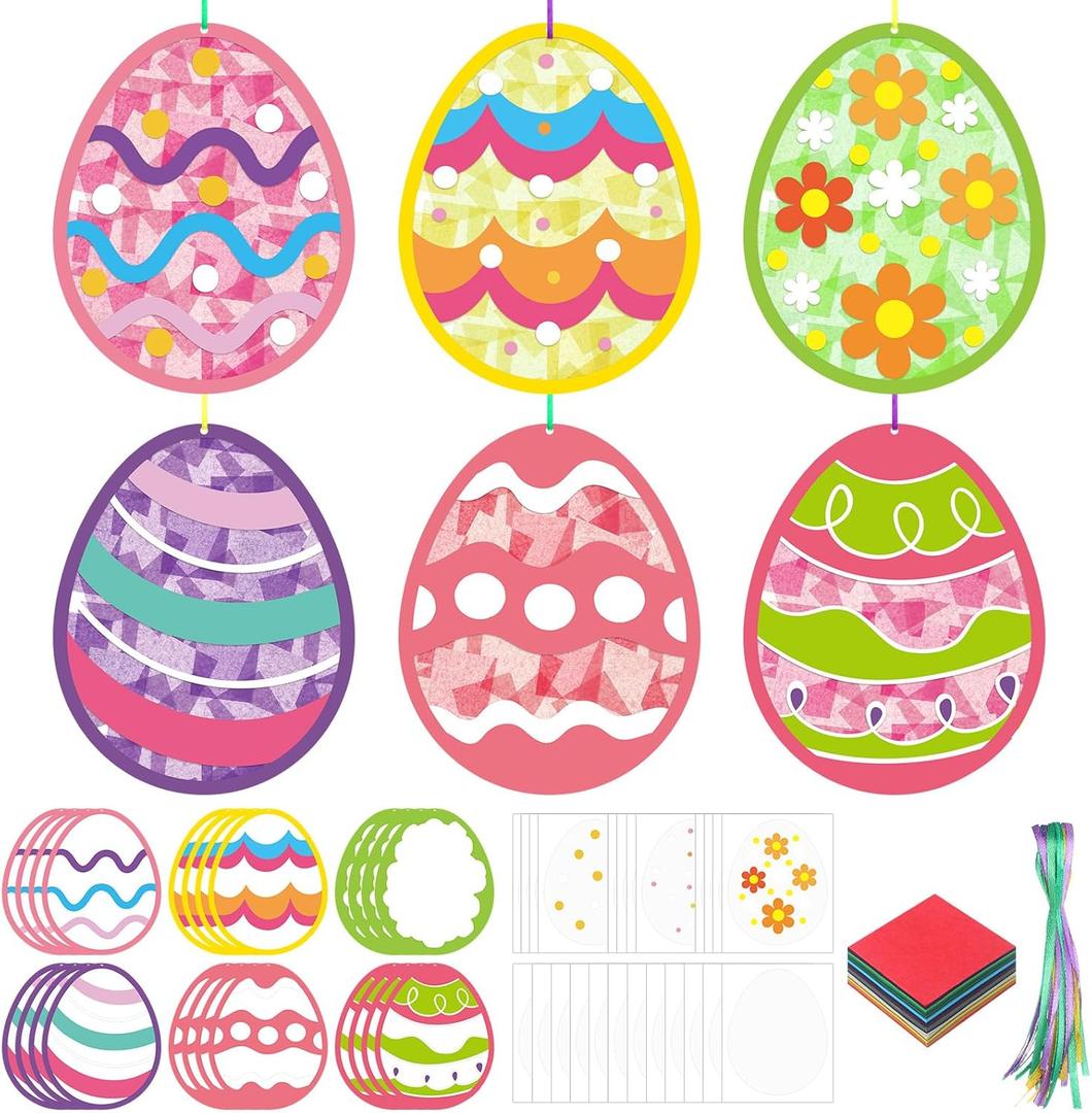 Ctosree 24 Sets Easter Egg Crafts Kit DIY Tissue Paper Crafts Make Your Own Easter Egg Hanging Ornaments for Home Game Activities Art Project Decoration