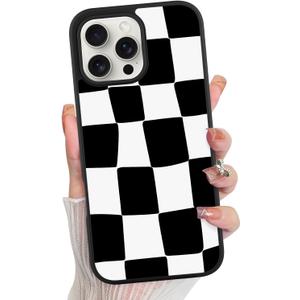 KANGHAR for iPhone 16 Pro Max Case Checkered Aesthetic Cute Pattern Shockproof Full Body Protection for Girls Women -Black