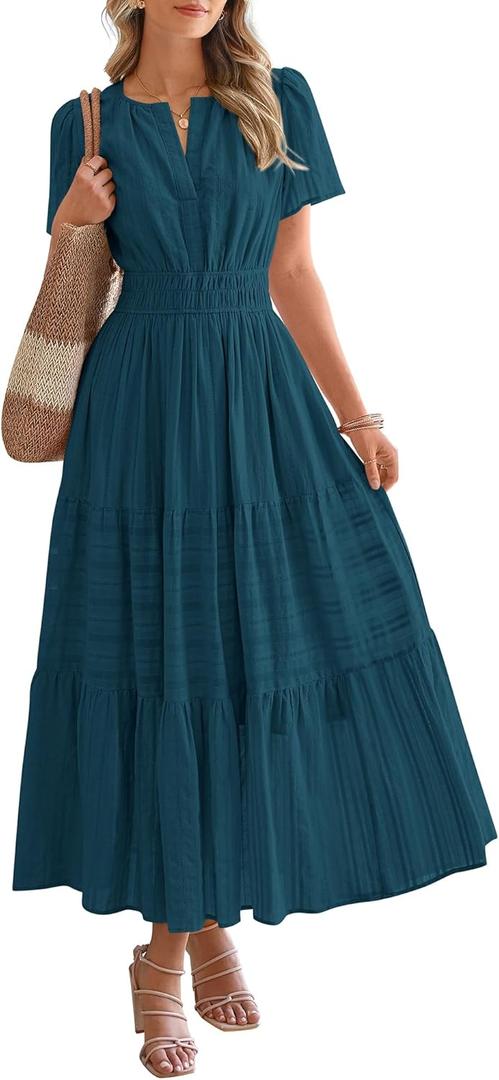 BTFBM Womens Summer 2026 Casual Midi Maxi Dresses Lightweight Short Sleeve V Neck Elastic Waist Boho Beach Dress Pockets (Medium, Lake Blue)