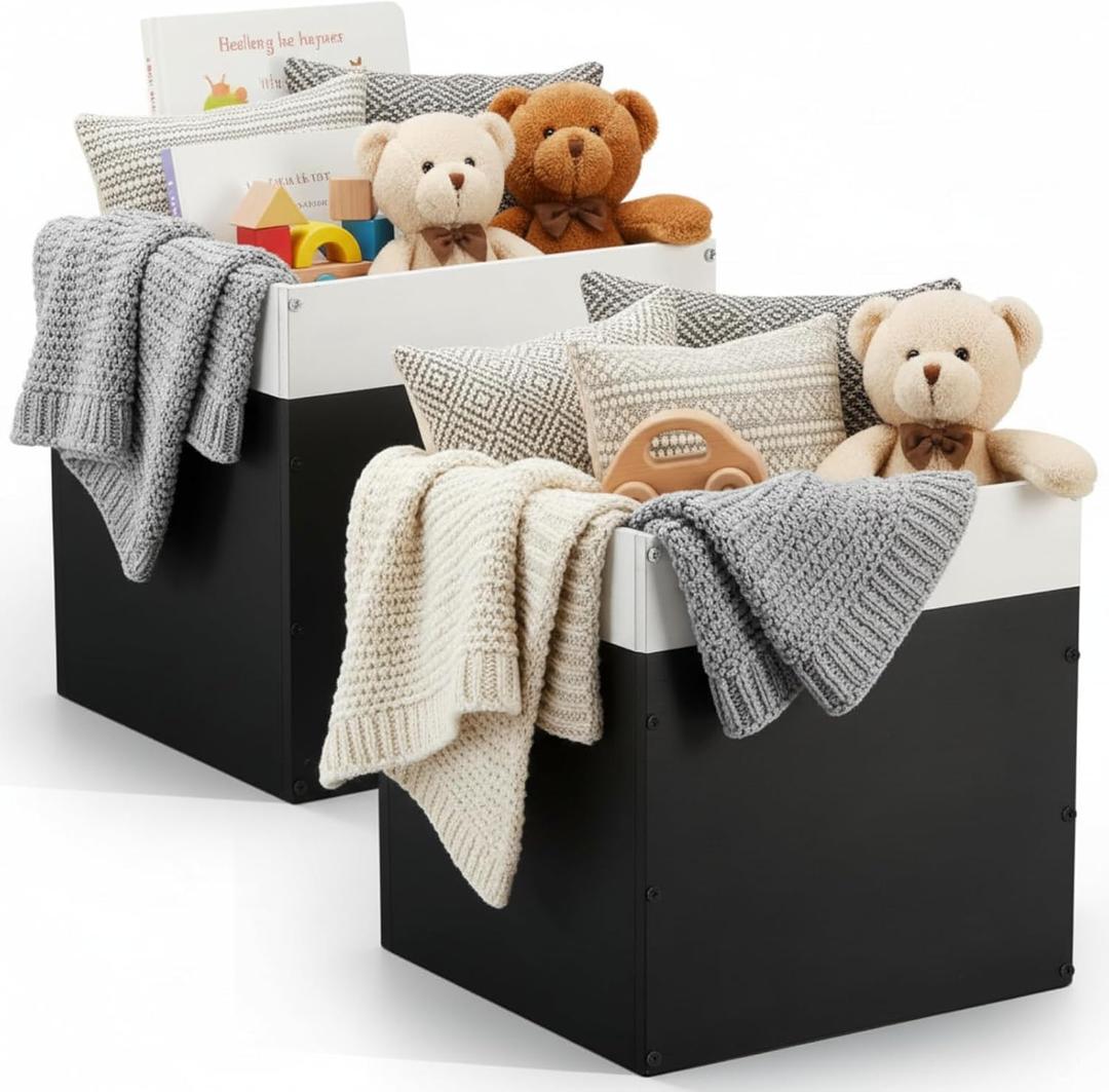 AceOrbit 2 Pack Black Wood Crates Wooden Storage Box, Modular Open Cube Bins 11x11x11 Inch Stackable Wooden Storage Bins with Handles for Closet Shelf Toy Book Clothes Home Office