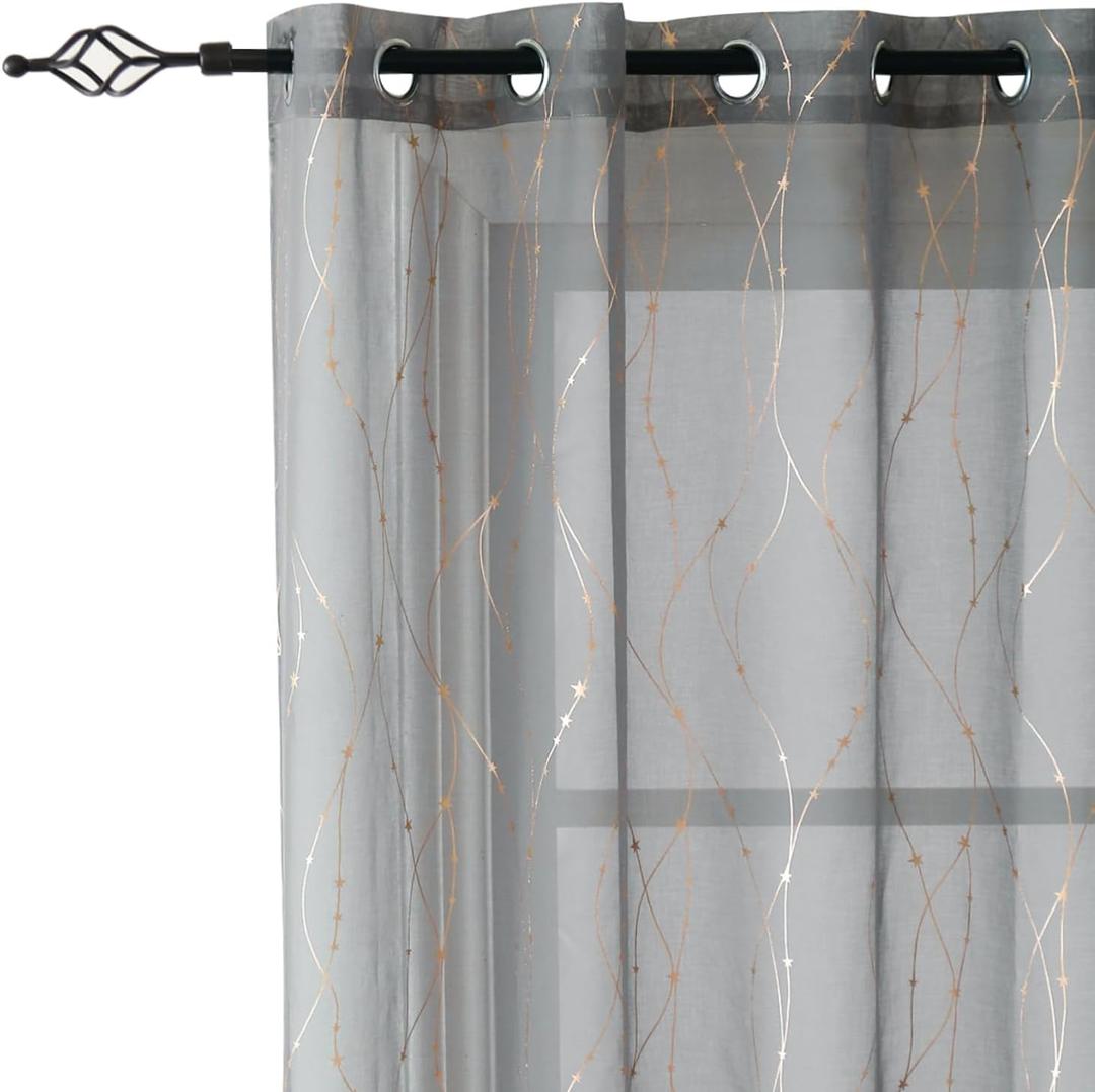 SMILE WEAVER Grey Sheer Curtains 63 Inch Length for Living Room,Star Print Light Filtering Semi Sheer Curtains for Bedroom,Privacy & Light Weight Voile Transparent Grommet Window Drapes 2 Panels