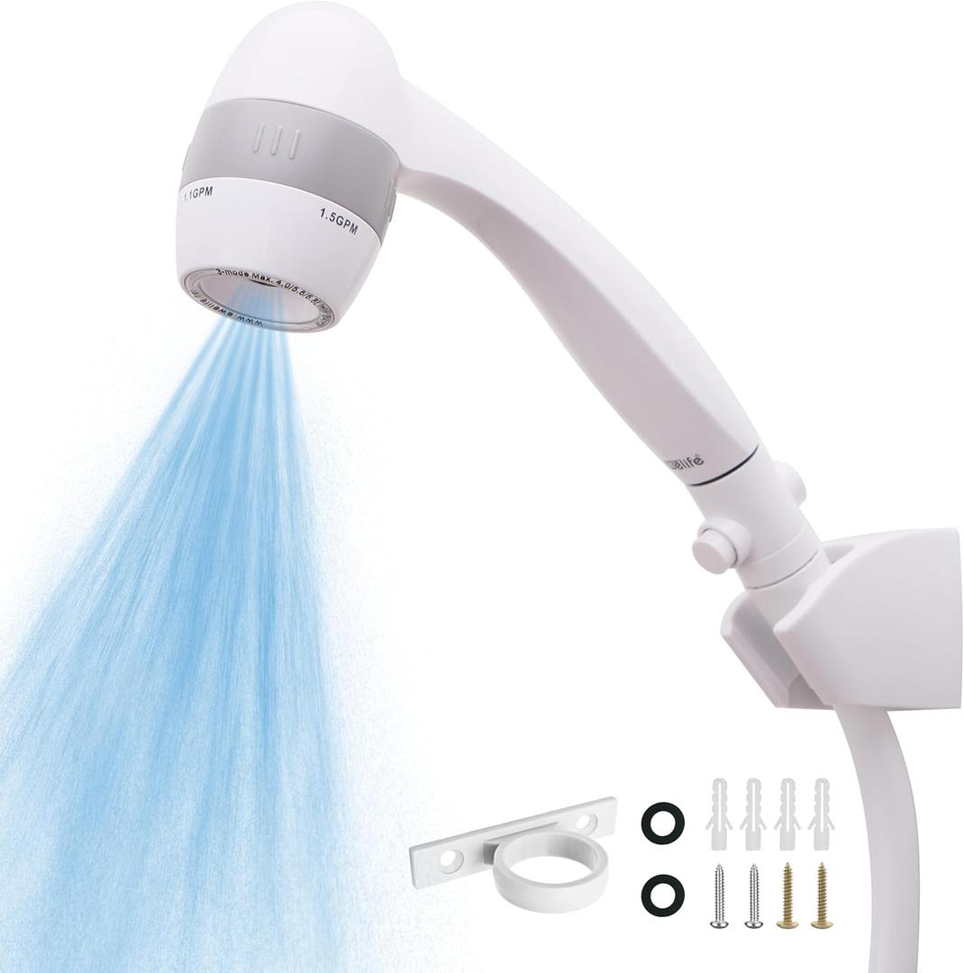 High Pressure RV Shower Head with Hose and On Off Switch, 3 Flow Rate for Saving Water, White
