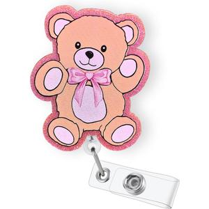 Pink Teddy Bear Badge Reel Retractable for Nurse Nursing RN CNA LPN Healthcare Worker & Teacher, Cute Pediatric Nurse Gifts, Teddy ID Name Badge Holder with Alligator Clip & 24 Durable Nylon Cord