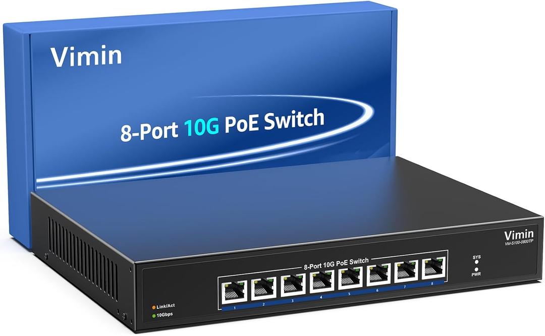 VIMIN 8-Port 10G PoE Switch Unmanaged, 10Gbps Power over Ethernet Switch Support IEEE802.3 af/at, 10G Base-T PoE Ports for 10G NAS Network, 160Gbps Switching Capacity, Desktop & Rack Mount