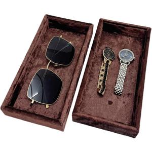 AgentMoon 2 Piece Set Sunglass or Jewelry Temporary Storage Tray. Stackable Velour Wrap Tray for Watch iPhone Earring etc. Bedside Makeup Accessories Organizer. 20 x 10 x 3cm. (Tabby Coffee)