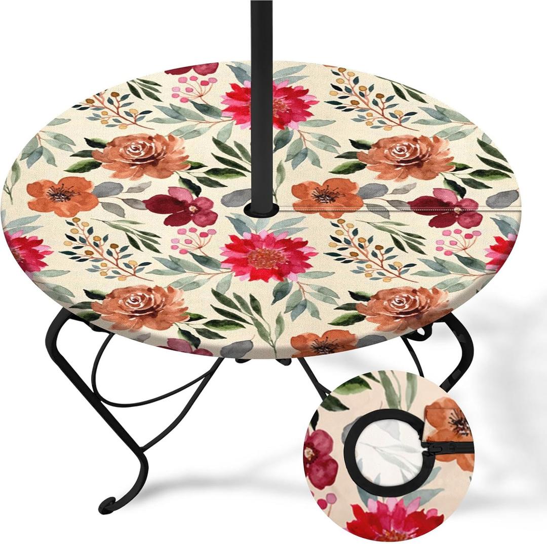 Flower Round Outdoor Tablecloth With Umbrella Hole, Retro Fitted Table Cover With Zipper, Outdoor Camping Essentials, Waterproof Umbrella Table Cloth with elastic (36''-44'')