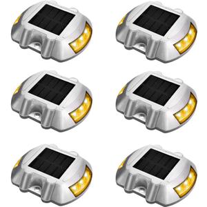 JIGUOOR Solar Deck Lights LED Driveway Lights Solar Powered Dock Light Outdoor IP68 Waterproof Road Markers for Step Sidewalk Stair Boat Garden Ground Pathway Yard (Yellow, 6 Pack)