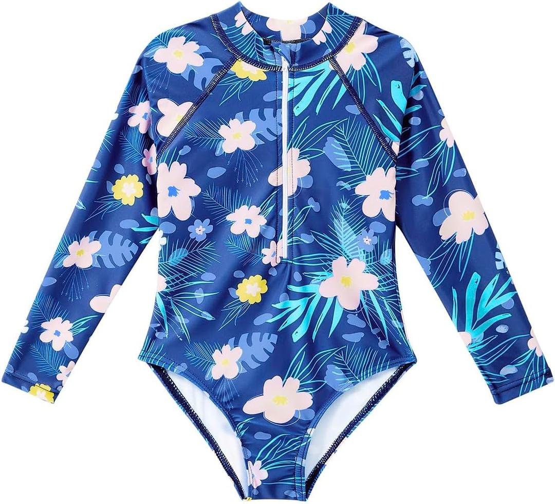 Century Star UPF 50+ Girls Long Sleeve Swimsuit - Rash Guard Swimsuit Toddler Kids Teen One Piece Bathing Suit Zip (12-13 Years, 03 Blue Floral)